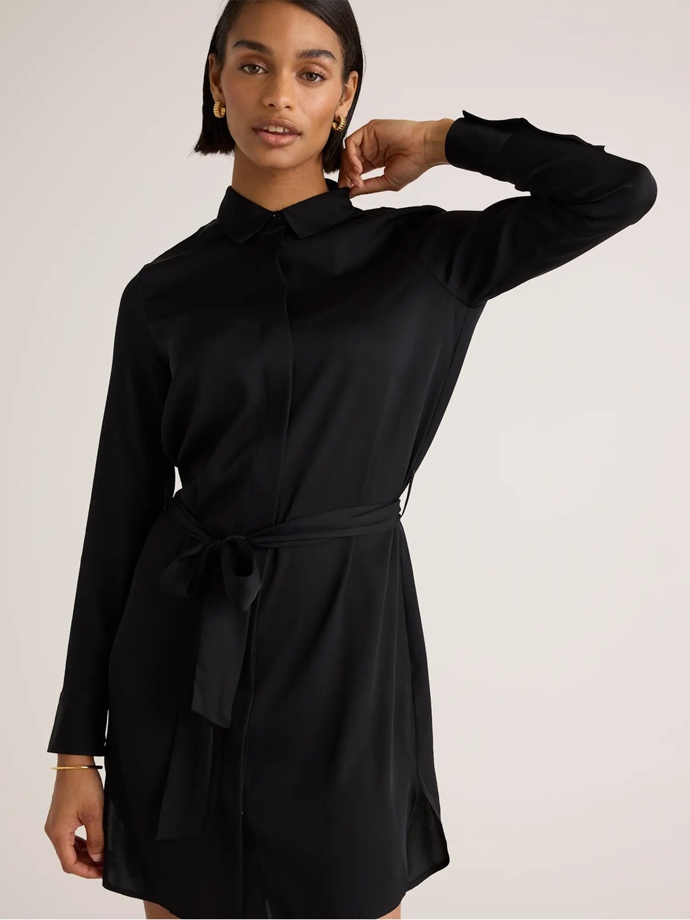 Quince Washable Stretch Silk Black Belted Shirt Dress XS